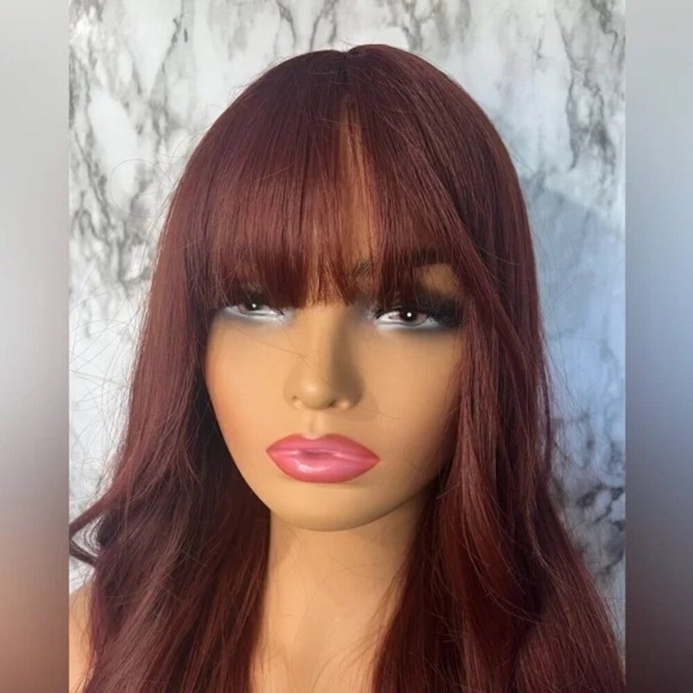 Burgundy Red Long Wavy Wig with Bangs Natural Realistic Hair look - Picture 7 of 14